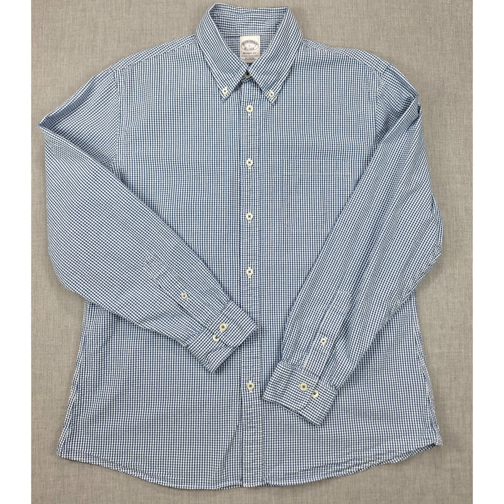 Brooks Brothers Mens Blue Gingham Regent Fit Cotton Button Down Shirt Large L